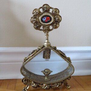Vtg Extra Large Ormolu Gold Perfume Decanter Bottle Amber Beveled Glass & Large